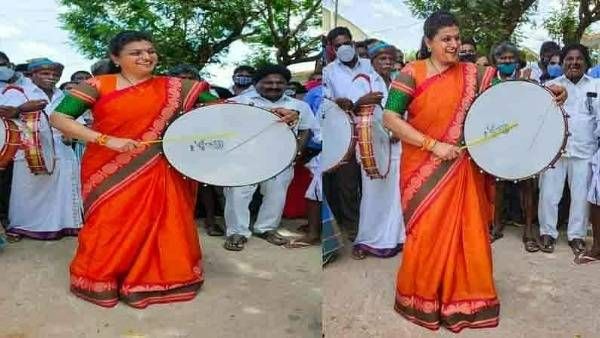 డప్పు కొట్టి స్టెప్పులేసిన రోజా .. ఎమ్మెల్యే రోజా దరువుతో కళాకారుల్లో జోష్ !!