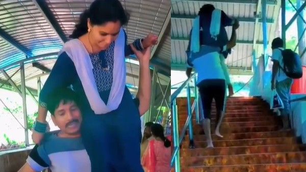 భార్యను భుజాలమీద ఎత్తుకొని తిరుమల కొండెక్కిన భర్త.. వీడియో వైరల్; షాకయ్యే విషయం ఏమిటంటే!!