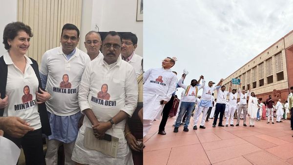 '124 నాటౌట్': 124 ఏళ్ల మింతా దేవి టీషర్టులతో విపక్ష ఎంపీల నిరసన