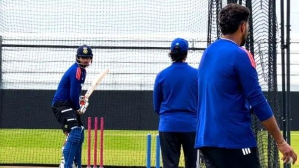 Vaibhav Suryavanshi practicing defensive batting in net session