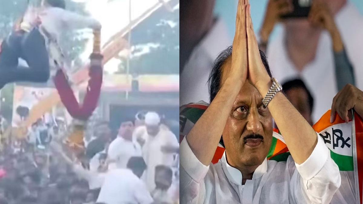 Ajit Pawar के समर्थक की दीवानगी, क्रेन पर 45 मिनट तक लटका रहा, पास आने पर पहनाई 60 फीट ऊंची माला