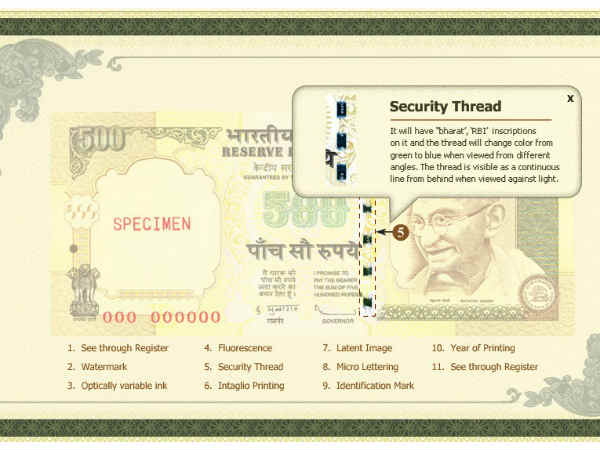 पट्टी पर 'RBI' 'भारत' हरे और नीले रंग में लिखा होता है पट्टी पर 'RBI' 'भारत' हरे और नीले रंग में लिखा होता है