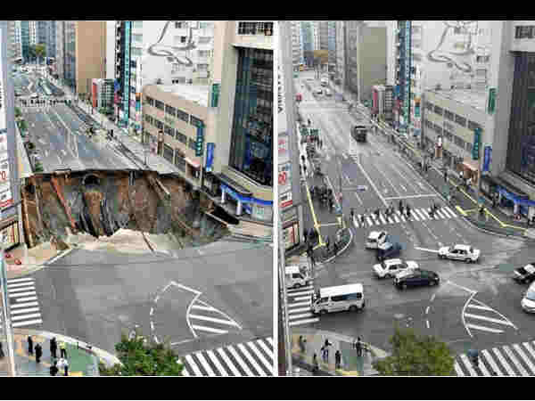Japan fixes giant 30 metre wide city sinkhole Japan fixes giant 30 metre wide city sinkhole