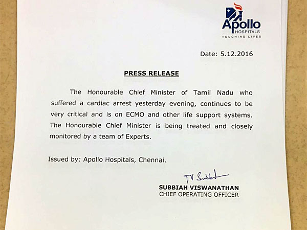Jayalalithaa continues to be very critical, says Apollo Hospital