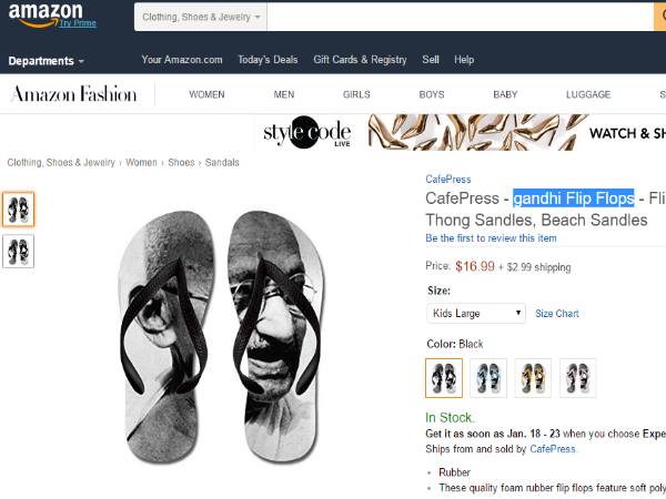 amazon अमेजन की वेबसाइट पर बिक रही महात्मा गांधी की तस्वीर वाली चप्पल amazon अमेजन की वेबसाइट पर बिक रही महात्मा गांधी की तस्वीर वाली चप्पल