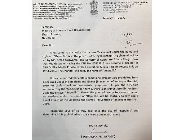 पत्रकार अर्नब के चैनल के नाम पर सुब्रमण्यम स्वामी ने खड़े किए सवाल, मंत्रालय को लिखा पत्र