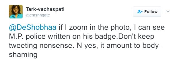 । इसी ट्वीट के मुद्दे पर शोभा ने बुधवार को फिर ट्वीट करते हुए लिखा- मुबंई/ एमपी पुलिस प्रणाम! अगर ये तस्वीर असली है तो किसी डायटिशियन को कंसल्ट कीजिए। अनडॉक्टर्ड छवि की चर्चा हो रही है। । इसी ट्वीट के मुद्दे पर शोभा ने बुधवार को फिर ट्वीट करते हुए लिखा- मुबंई/ एमपी पुलिस प्रणाम! अगर ये तस्वीर असली है तो किसी डायटिशियन को कंसल्ट कीजिए। अनडॉक्टर्ड छवि की चर्चा हो रही है।