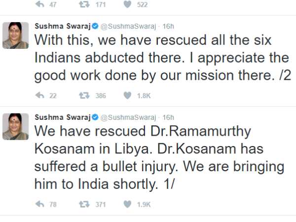 लीबिया में 18 महीने से अपहृत डॉक्टर रिहा: सुषमा स्वराज