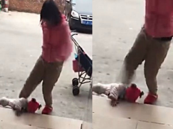cruel mother KICKS her baby daughter as she lies on the ground because she wont stop crying cruel mother KICKS her baby daughter as she lies on the ground because she wont stop crying