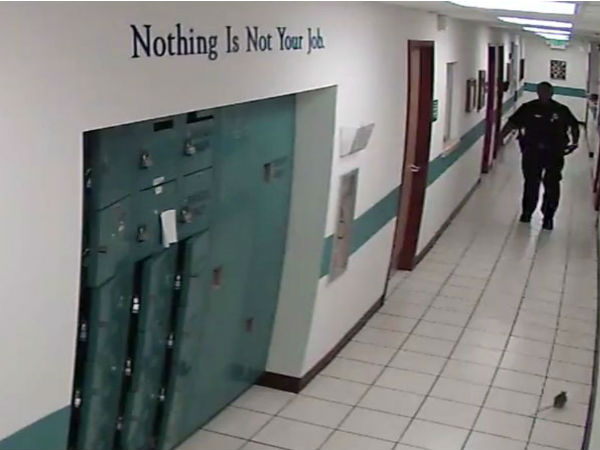  A tiny intruder: Terrified cop caught on CCTV running away from Mouse in police station