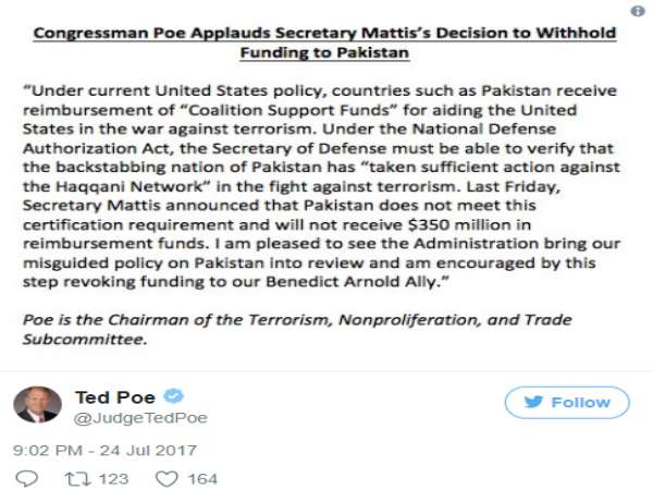 अमेरिकी सांसद ने पाकिस्तान को बताया पीठ में छुरा भोंकने वाला