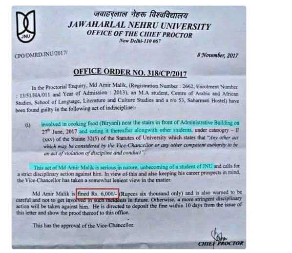 JNU students fined for cooking biryani student alleged back