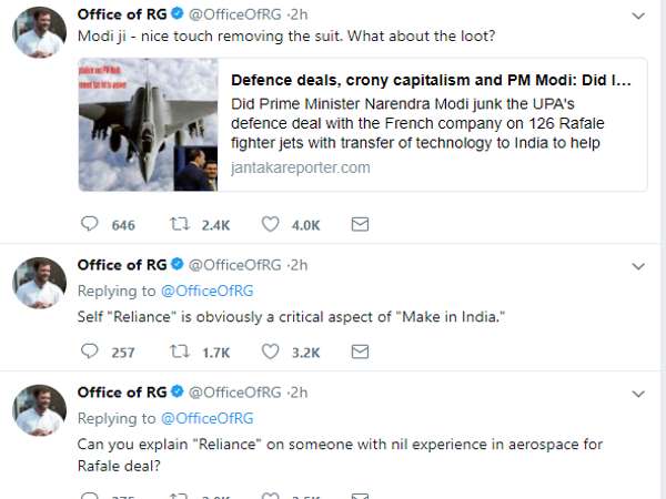 राफेल सौदे पर राहुल गांधी ने ट्वीट कर कसा तंज, कहा- Self 'Reliance' Make In India का महत्वपूर्ण पहलू