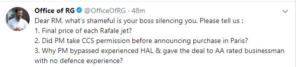 Rafale: राहुल गांधी ने रक्षा मंत्री से पूछे तीन सवाल, कहा- आपके बॉस ने आपको चुप करा दिया