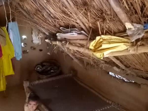 टूटी हुई झोपड़ी में रहता है नैनी देवी का परिवार