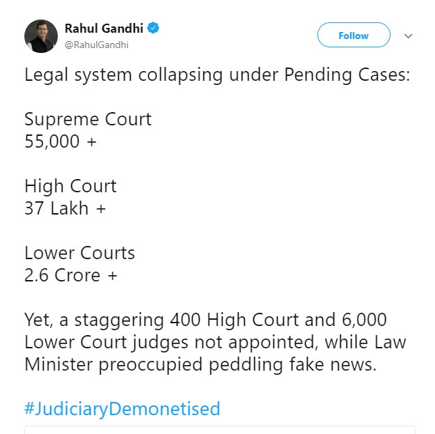 कांग्रेस अध्यक्ष राहुल गांधी ने रविशंकर प्रसाद पर किया बड़ा हमला, कहा- न्यायिक व्यवस्था ढह रही है, कानून मंत्री झूठ फैलाने में व्यस्त