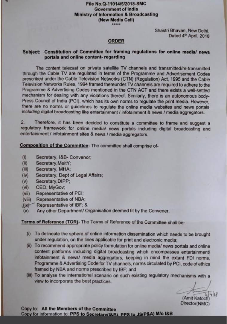 Committee formed to frame rules to regulate online news smriti irani