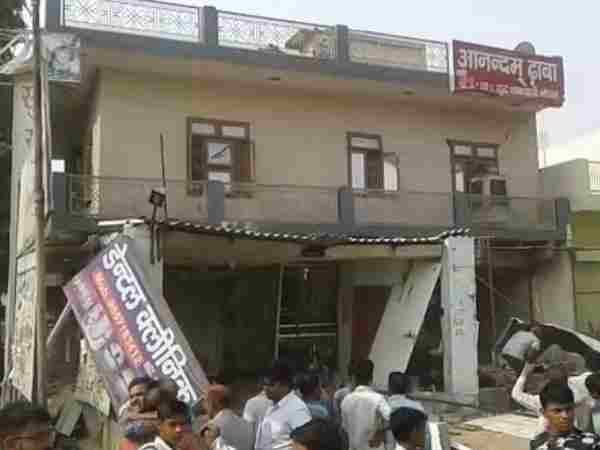 A building damaged badly due to cylinder blast in Mathura