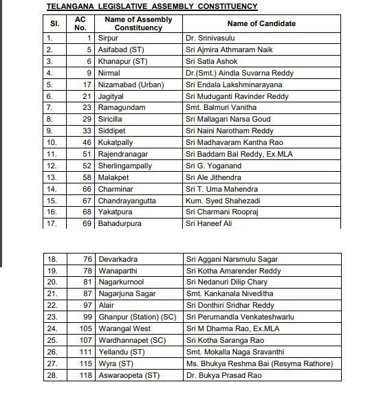 28 candidates for Telangana assembly elections