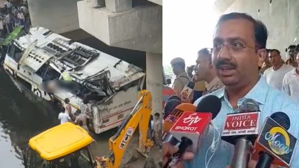 डिवाइडर पार कर नाले में गिरी बस