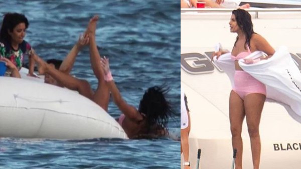 पानी से निकलने के बाद प्रियंका ने पहना लाइफ जैकेट