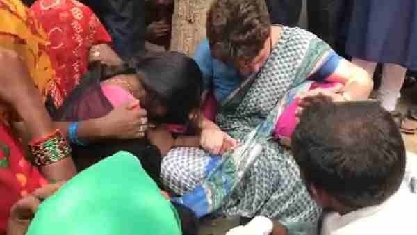 pictures of Priyanka Gandhi weeping during Sonbhadra victims family meeting