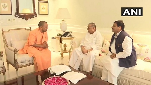 CM Yogi Adityanath meets Mulayam Singh Yadav at his residence Shivpal Yadav also present CM Yogi Adityanath meets Mulayam Singh Yadav at his residence Shivpal Yadav also present