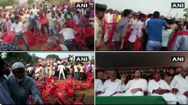 scuffle broke out between RJD workers at an election rally of Tejashwi Yadav in Simri Bakhtiyarpur