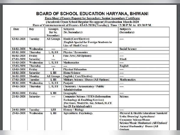 haryana board 10th and 12th exam 2020 date sheet announced haryana board 10th and 12th exam 2020 date sheet announced