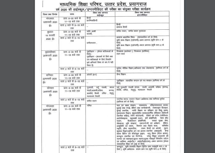 UP Board 12th Time Table 2020,UP Board 12th Time Table, UP Board Intermediate Scheme,UP Board Intermediate Scheme 2020, UP Board Intermediate Class 12th Scheme, UP Board Class 12th Time Table, UP Board Class 12th Time Table 2020, UP Board Class 12th Time Table 2020 PDF, UP Board Exam Time Table 2020, UP Board Exam Time Table, UP Board Time Table 2020, UP Board 12th Time Table, UP Board Intermediate Time Table, UP Board Intermediate Class 12th Time Table, यूपी बोर्ड, यूपी, उत्तर प्रदेश, टाइम टेबल, डेटशीट, बोर्ड परीक्षा, बोर्ड