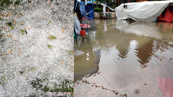 hailstone with heavy rains in Delhi