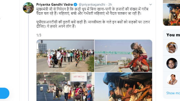 priyanka gandhi urges cm yogi to start UPSRTC bus for migrant workers