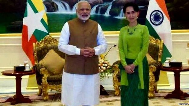 भारतीय पीएम नरेंद्र मोदी और म्यांमार की नेता आंग सान सू ची