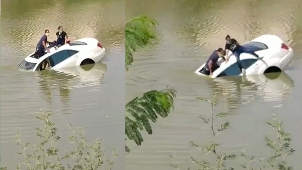 अडालज-कोबा हाईवे से तालाब में गिरी कार