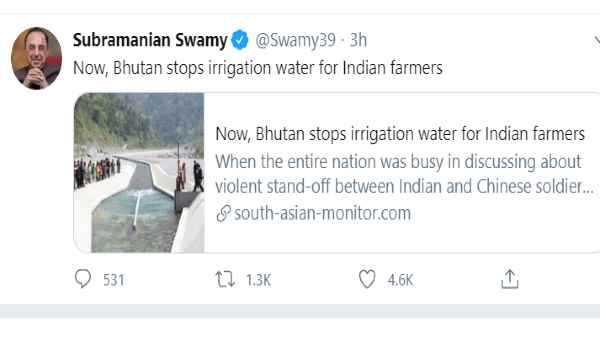 स्वामी ने लिखा- अब भूटान ने पानी रोक दिया