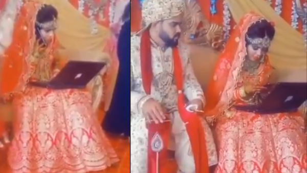 दुल्हन लैपटॉप पर काम करने के साथ फोन पर कर रही बात