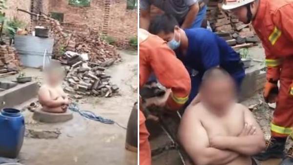 बुरी तरह कुएं में फंसा शख्स