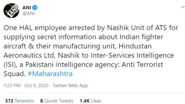 ATS nabbed HAL employee, was sending secret information related to Indian fighters aircraft to ISI