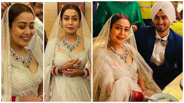 रिसेप्शन में व्हाइट प्रिंसेस लहंगे में दिखीं नेहा 