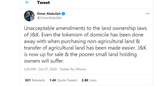 उमर अब्दुल्ला का Tweet- अब J&K बिकने के लिए तैयार 