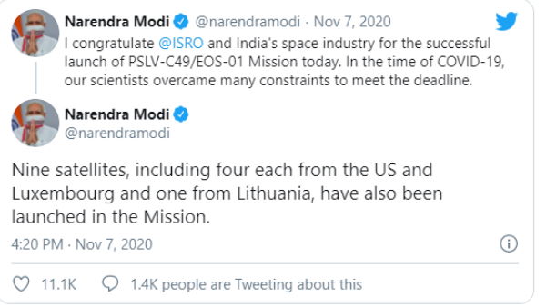 pm Modi Congrates To Isro Launched Pslv C49 eos 01 mission pm Modi Congrates To Isro Launched Pslv C49 eos 01 mission