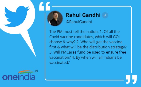 Rahul Gandhi Asks PM Modi, Who will get the vaccine first & what will be the distribution strategy