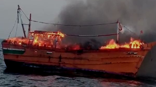 Watch Video: a Boat catch fire Into The Sea While Fishing, another boat saved Lives Of 7 Fishermen