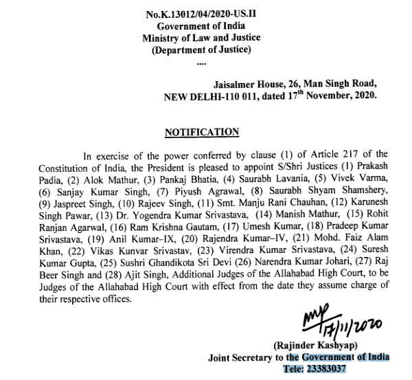 President Ramnath Kovind appointed twenty eight permanent judges in Allahabad High Court