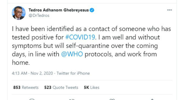 WHO प्रमुख टेडरोस ने किया खुद को Self-Quarantine, कोरोना पॉजिटिव के संपर्क में आए थे