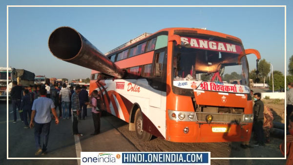 पाली राजस्थान में बस में पाइप घुसा- तस्वीर नम्बर 1