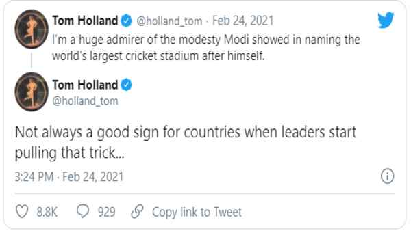 Narendra Modi stadium:Tom Holland an English historian and cricketer made a satire on Twitter, raising fears of Spider-Mans boycott
