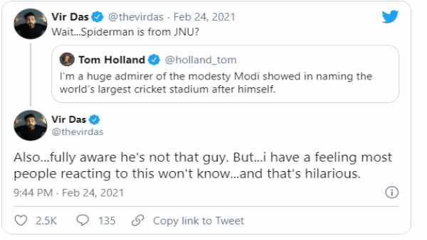 Narendra Modi stadium:Tom Holland an English historian and cricketer made a satire on Twitter, raising fears of Spider-Mans boycott