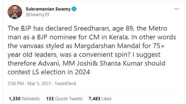 Subramanian Swamy raging on BJPs signs of making Metro man E Sreedharan as CM candidate in Kerala,demand to contest Advani-Joshi also next