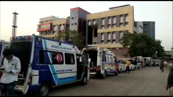 Gujarat COVID 19: Ambulances seen in a long queue outside Civil Hospital in Rajkot